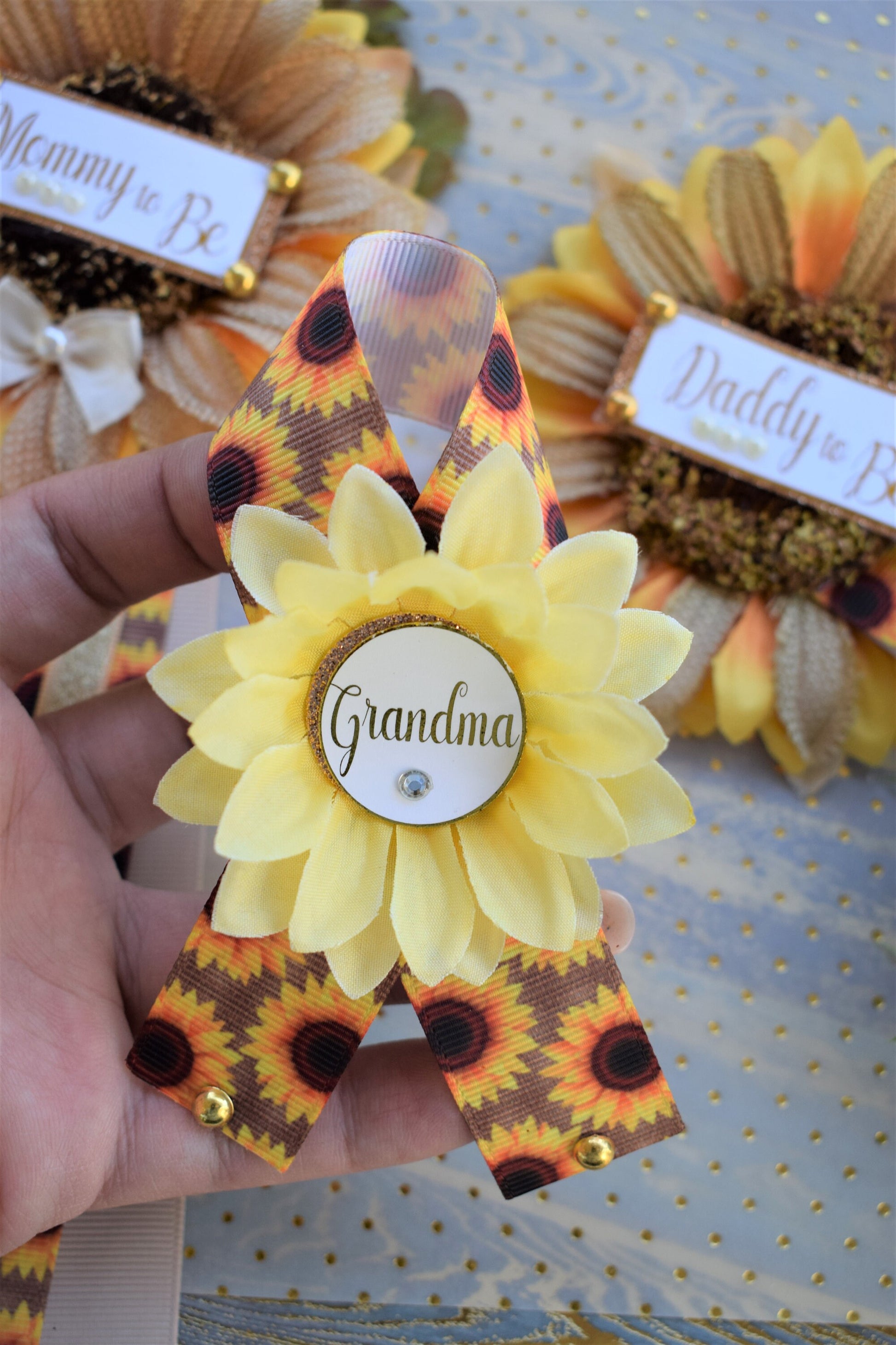 Rustic Sunflower Baby Shower, Fall Rustic Yellow Flower Sash, Daddy To Be Pin, Sunflower Rustic Baby Shower, Fall Gender Reveal Sash, Custom - Celebrations By Cris