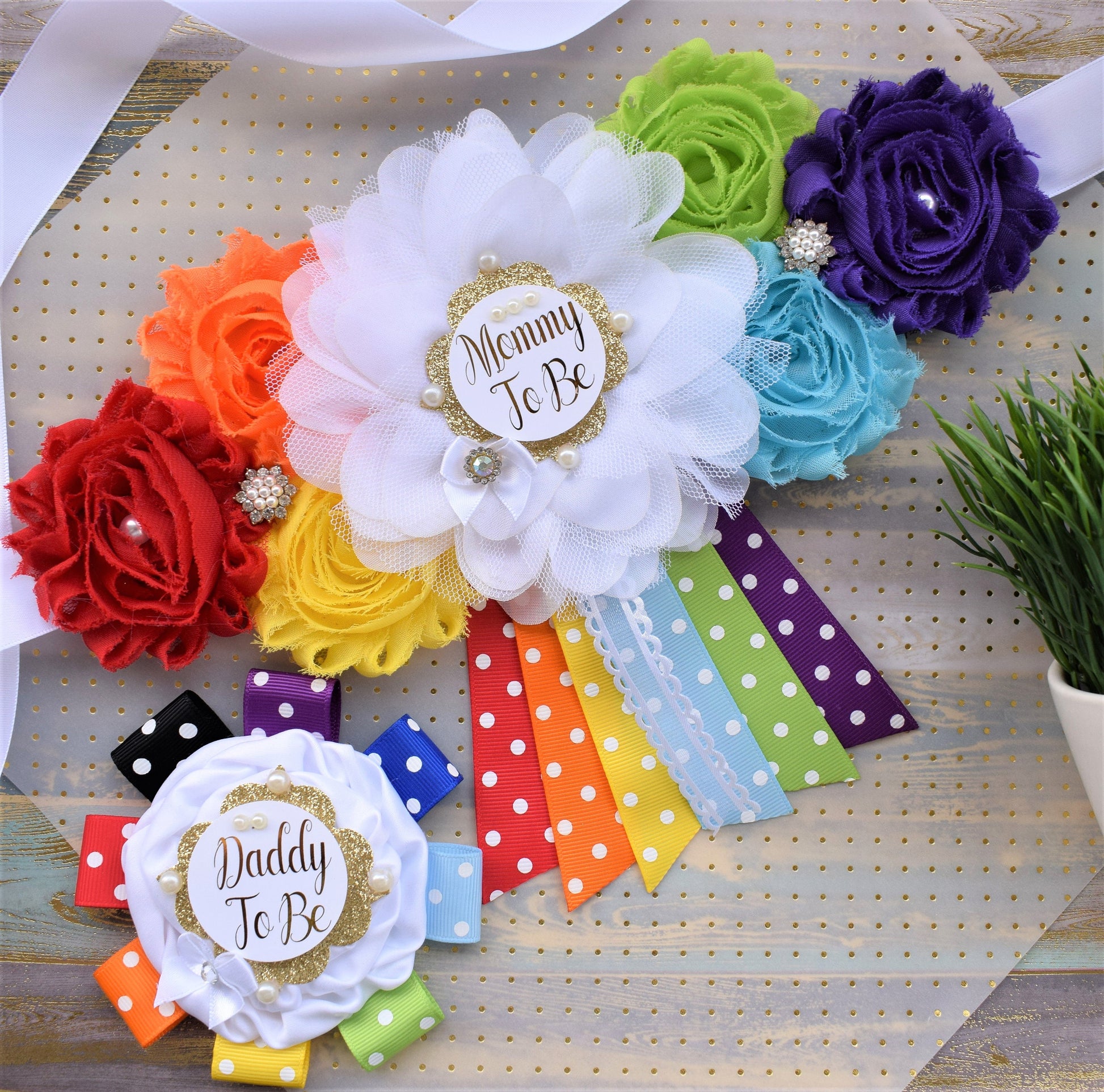 Rainbow Maternity Sash, Blue Yellow Purple Flower Sash, Multicolored Flower Belt, Rainbow Baby Shower, Rainbow Daddy to Be and Mommy to Be - Celebrations By Cris