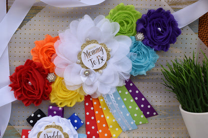 Rainbow Maternity Sash, Blue Yellow Purple Flower Sash, Multicolored Flower Belt, Rainbow Baby Shower, Rainbow Daddy to Be and Mommy to Be - Celebrations By Cris