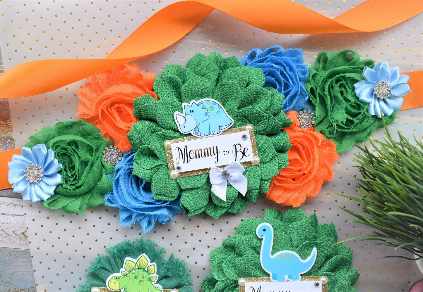 Dinosaur Baby Shower, Dinosaur Corsage Pin Set, Dinosaur Mommy to Be Sash, Dinosaur Mommy Daddy to Be, Dinosaur Orange Green Blue, Custom - Celebrations By Cris