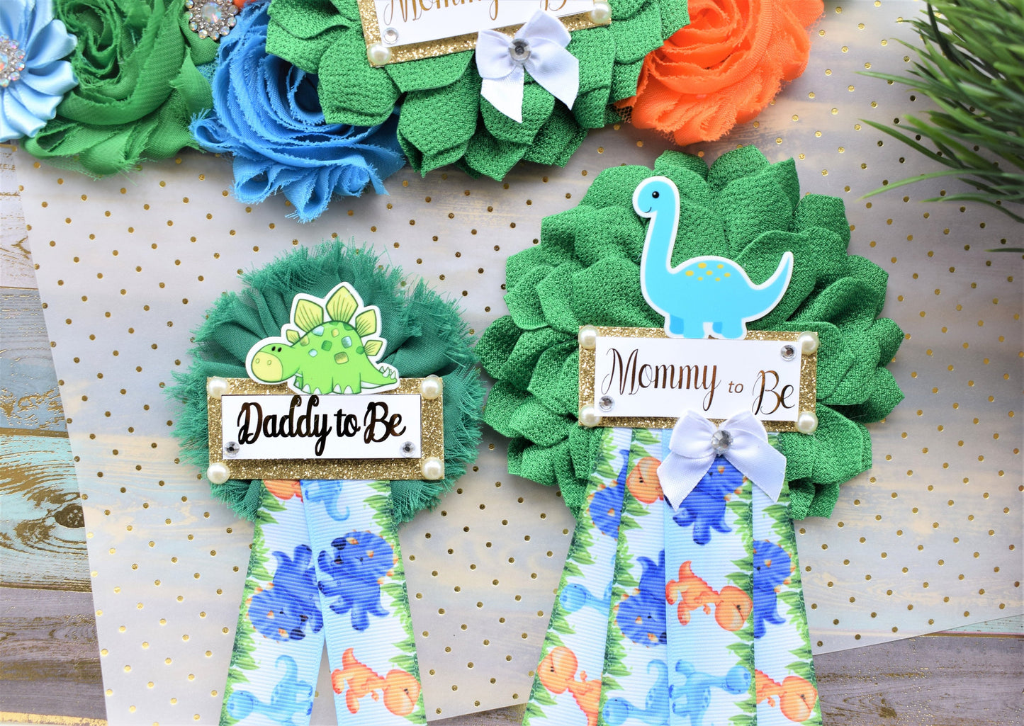 Dinosaur Baby Shower, Dinosaur Corsage Pin Set, Dinosaur Mommy to Be Sash, Dinosaur Mommy Daddy to Be, Dinosaur Orange Green Blue, Custom - Celebrations By Cris