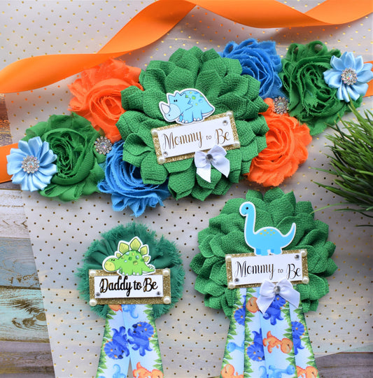 Dinosaur Baby Shower, Dinosaur Corsage Pin Set, Dinosaur Mommy to Be Sash, Dinosaur Mommy Daddy to Be, Dinosaur Orange Green Blue, Custom - Celebrations By Cris