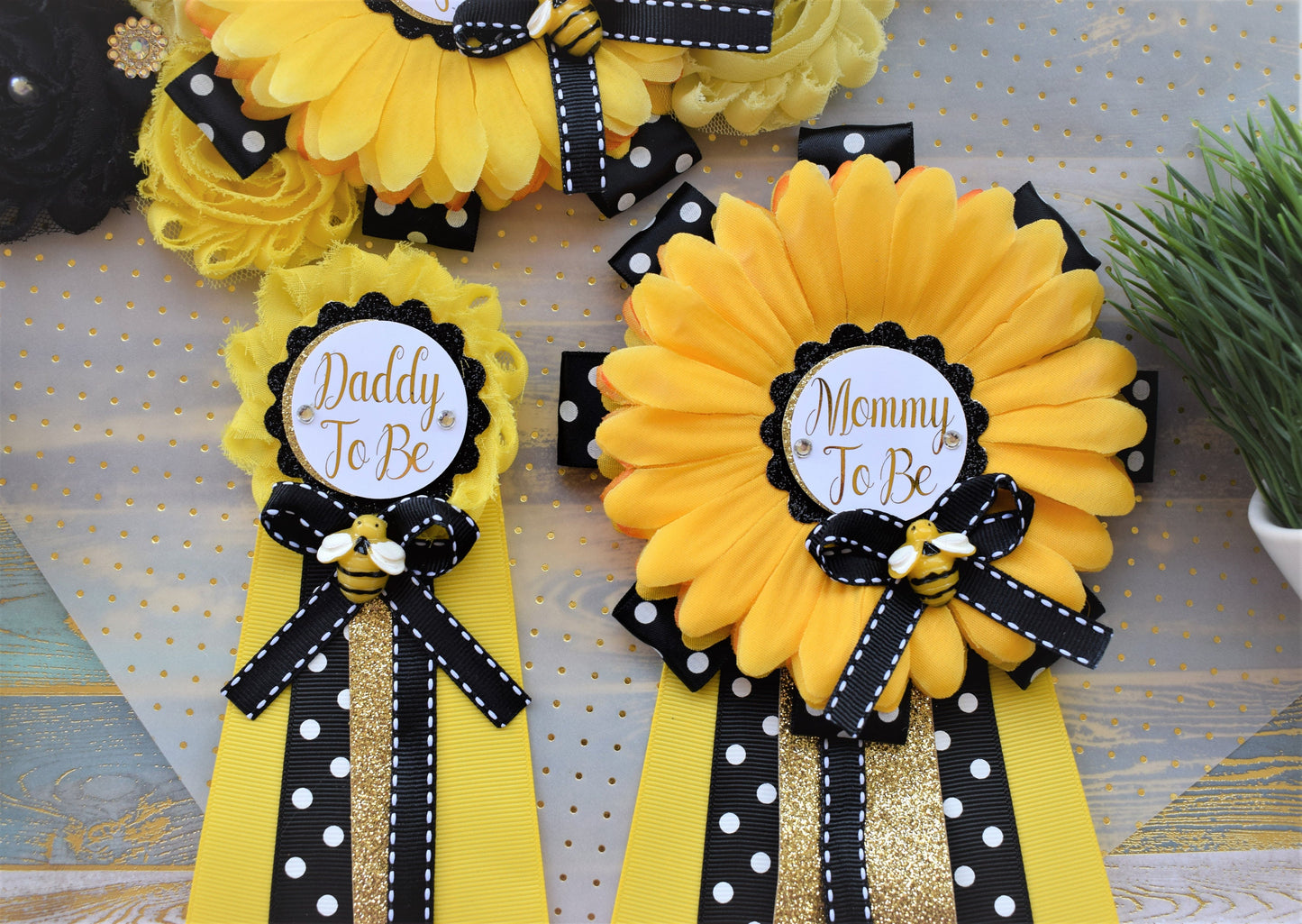 Sunflower Bumble Bee Baby Shower, Yellow Black Flower Sash and Pin, Mommy To Be, Daddy To Be, Sunflower Gender Reveal, Bumble Bee, Custom - Celebrations By Cris