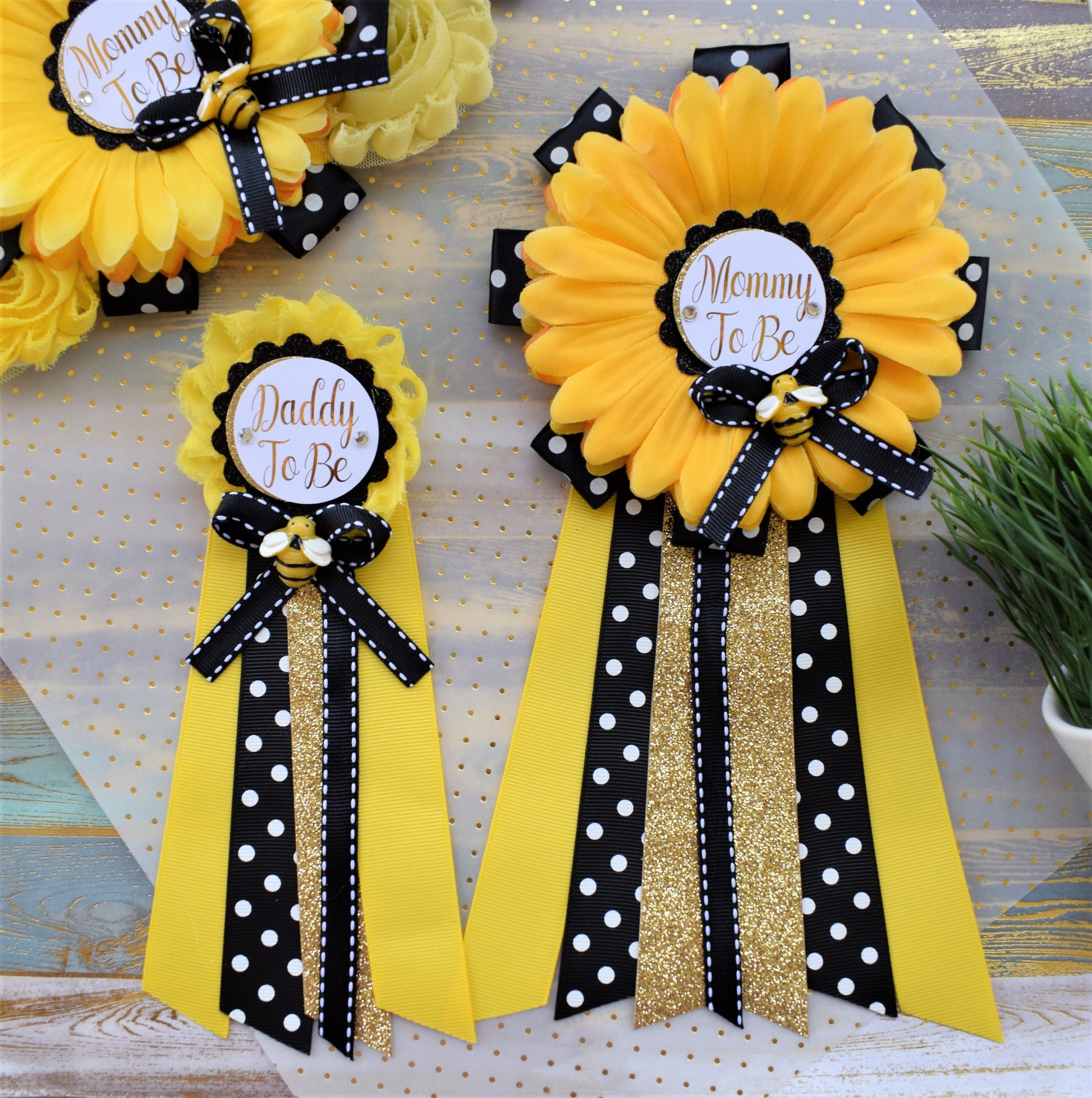 Sunflower Bumble Bee Baby Shower, Yellow Black Flower Sash and Pin, Mommy To Be, Daddy To Be, Sunflower Gender Reveal, Bumble Bee, Custom - Celebrations By Cris