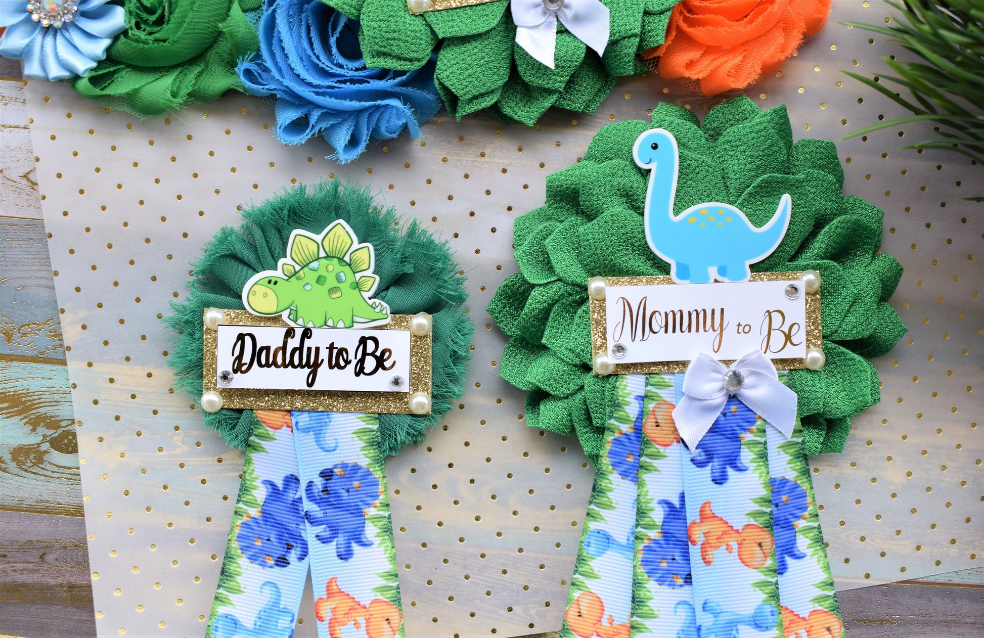 Dinosaur Baby Shower, Dinosaur Corsage Pin Set, Dinosaur Mommy to Be Sash, Dinosaur Mommy Daddy to Be, Dinosaur Orange Green Blue, Custom - Celebrations By Cris