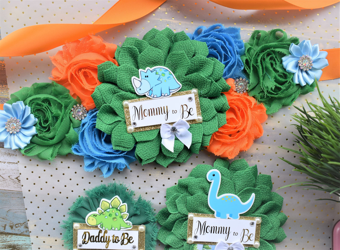 Dinosaur Baby Shower, Dinosaur Corsage Pin Set, Dinosaur Mommy to Be Sash, Dinosaur Mommy Daddy to Be, Dinosaur Orange Green Blue, Custom - Celebrations By Cris