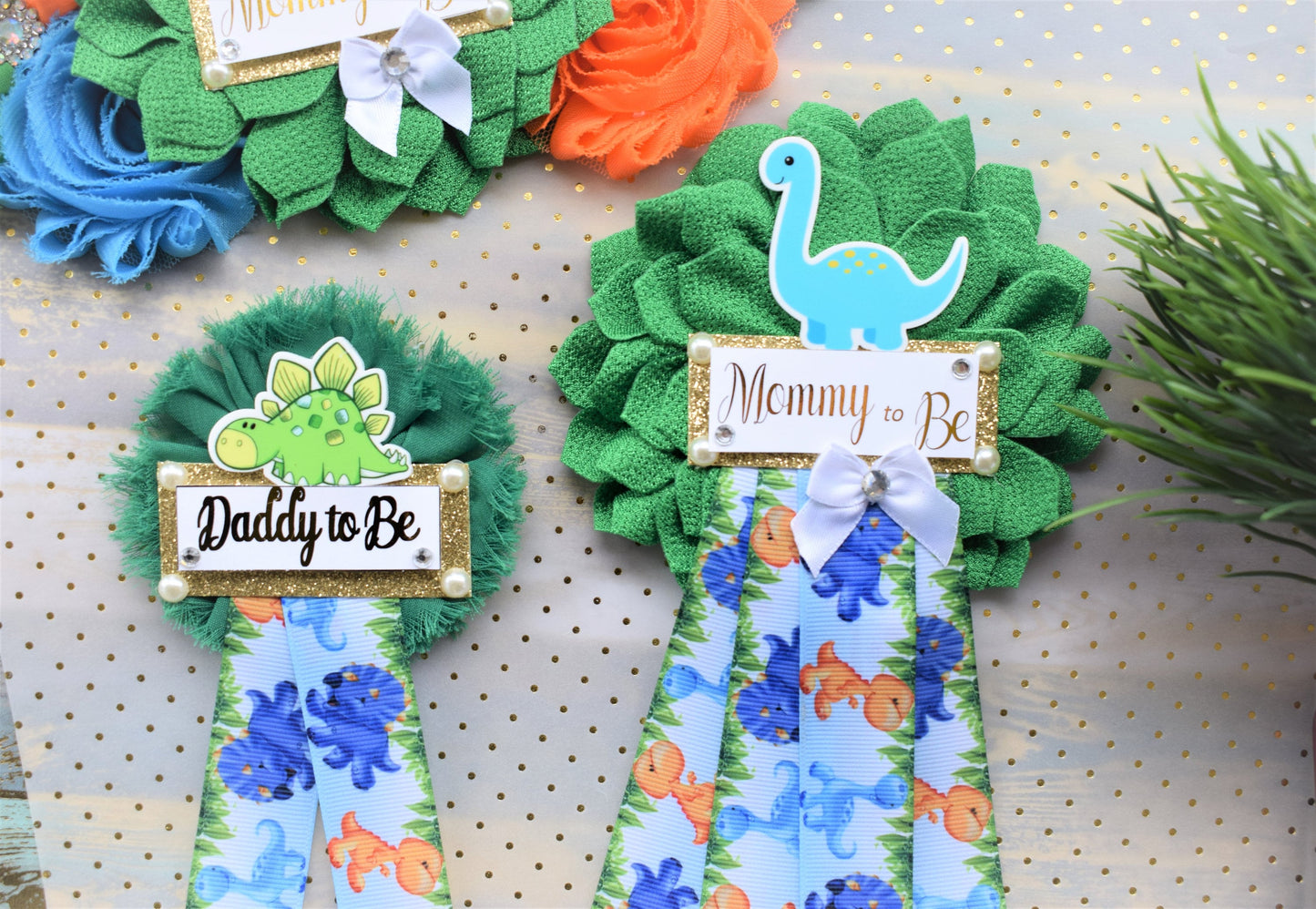 Dinosaur Baby Shower, Dinosaur Corsage Pin Set, Dinosaur Mommy to Be Sash, Dinosaur Mommy Daddy to Be, Dinosaur Orange Green Blue, Custom - Celebrations By Cris