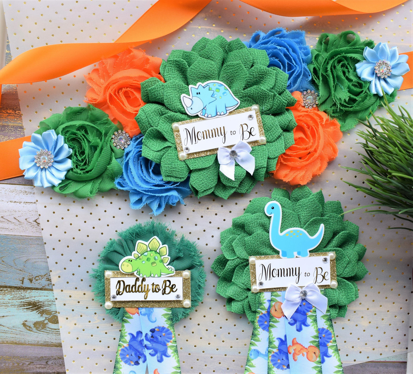 Dinosaur Baby Shower, Dinosaur Corsage Pin Set, Dinosaur Mommy to Be Sash, Dinosaur Mommy Daddy to Be, Dinosaur Orange Green Blue, Custom - Celebrations By Cris