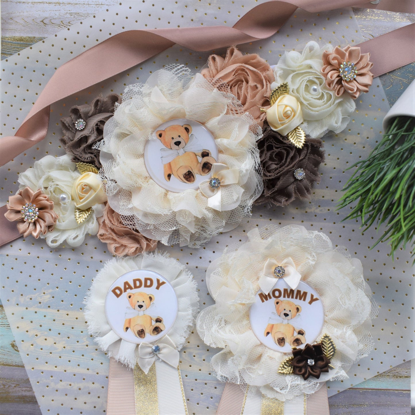 Ivory Brown Teddy Bear Baby Shower, Teddy Bear Flower Sash, Ivory Brown Beige Teddy Bear Corsage Pin, Bear Mommy To Be, Daddy To Be, Custom - Celebrations By Cris