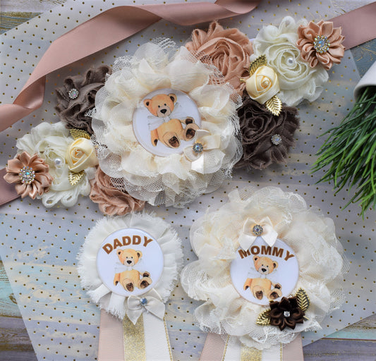 Ivory Brown Teddy Bear Baby Shower, Teddy Bear Flower Sash, Ivory Brown Beige Teddy Bear Corsage Pin, Bear Mommy To Be, Daddy To Be, Custom - Celebrations By Cris