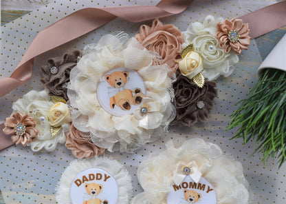 Ivory Brown Teddy Bear Baby Shower, Teddy Bear Flower Sash, Ivory Brown Beige Teddy Bear Corsage Pin, Bear Mommy To Be, Daddy To Be, Custom - Celebrations By Cris