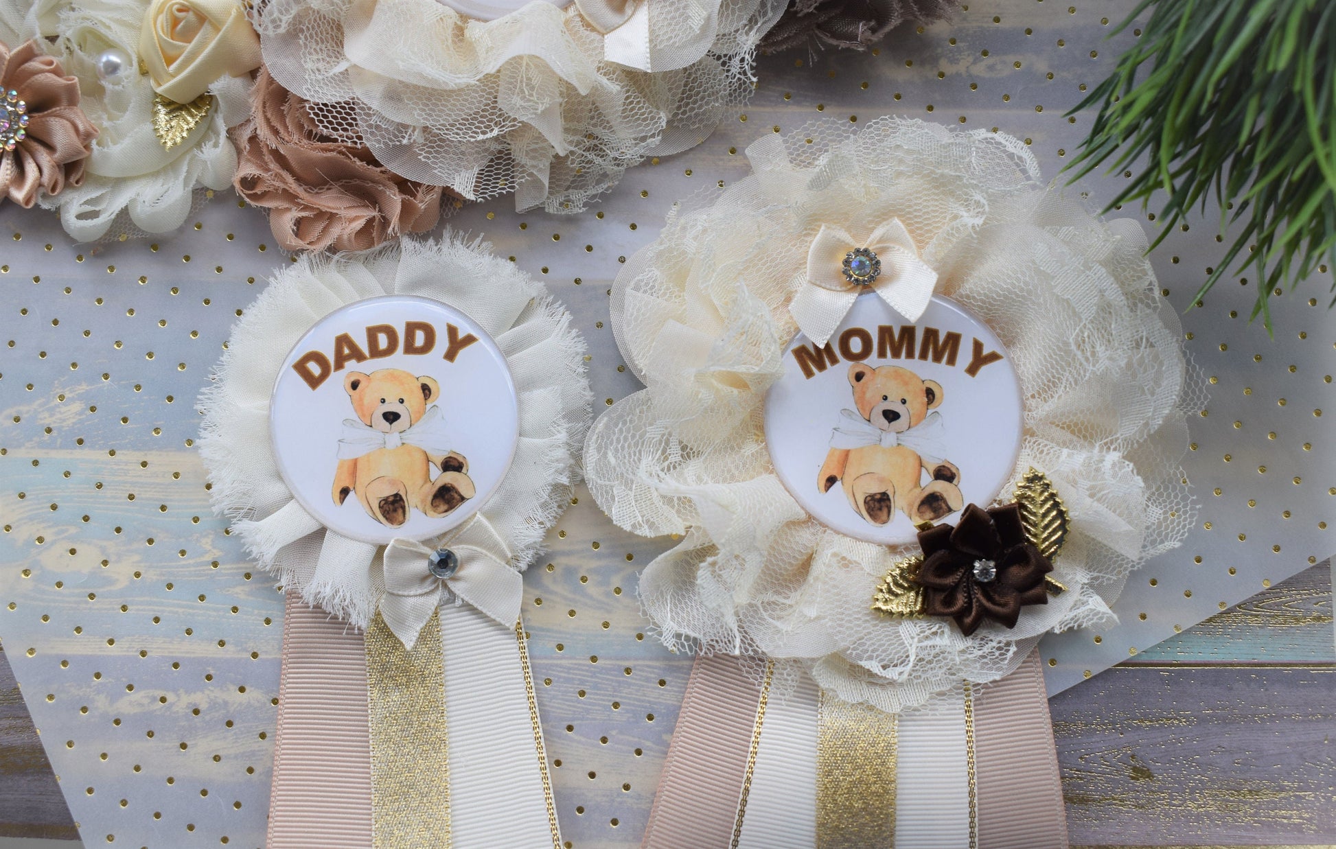 Ivory Brown Teddy Bear Baby Shower, Teddy Bear Flower Sash, Ivory Brown Beige Teddy Bear Corsage Pin, Bear Mommy To Be, Daddy To Be, Custom - Celebrations By Cris