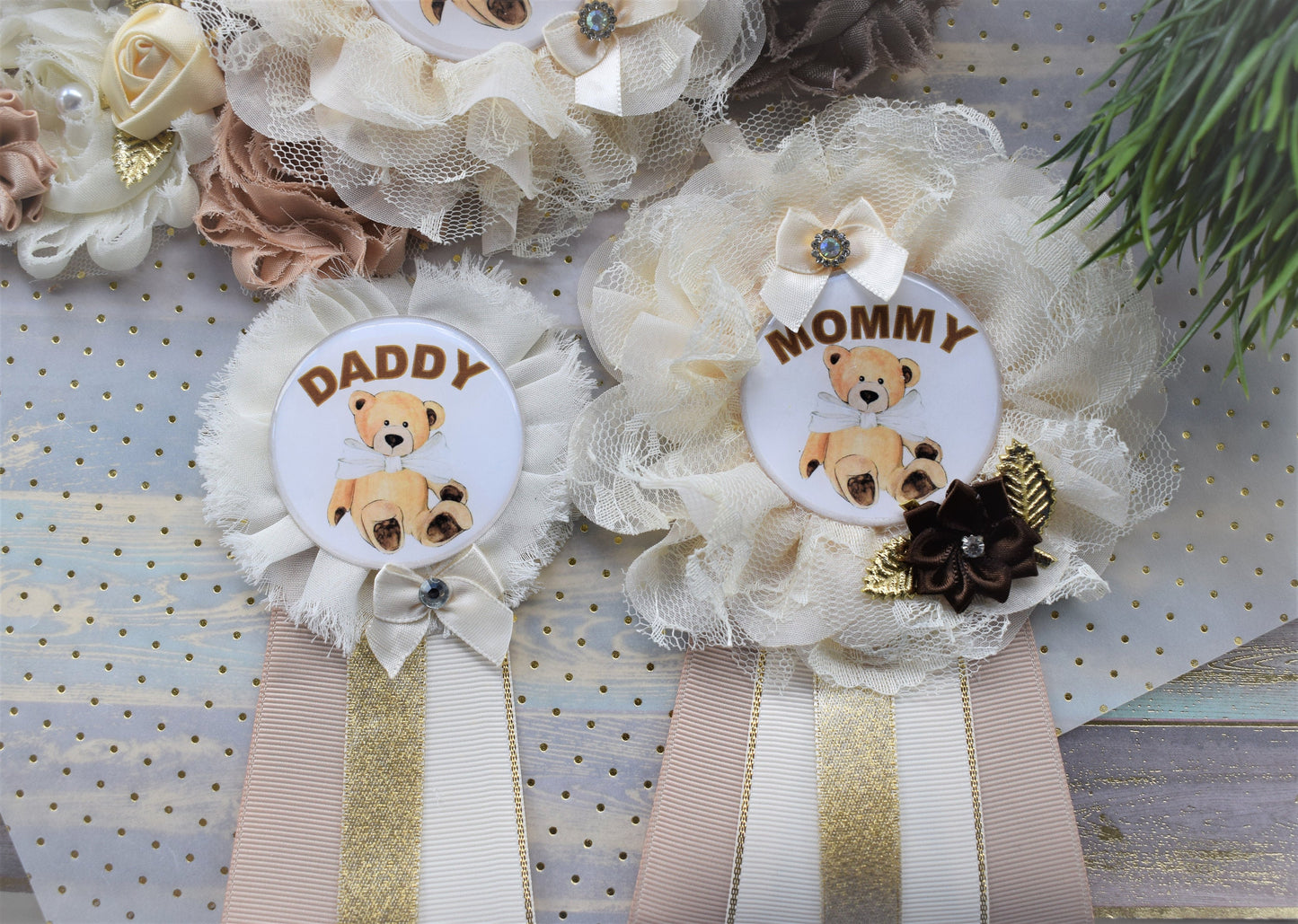 Ivory Brown Teddy Bear Baby Shower, Teddy Bear Flower Sash, Ivory Brown Beige Teddy Bear Corsage Pin, Bear Mommy To Be, Daddy To Be, Custom - Celebrations By Cris