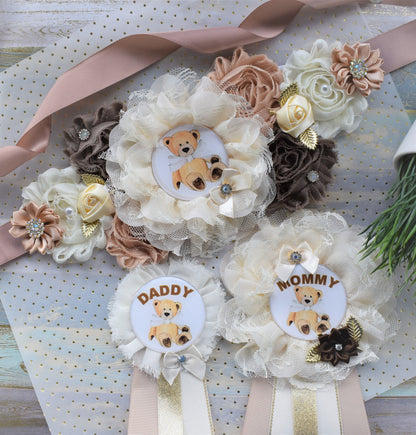 Ivory Brown Teddy Bear Baby Shower, Teddy Bear Flower Sash, Ivory Brown Beige Teddy Bear Corsage Pin, Bear Mommy To Be, Daddy To Be, Custom - Celebrations By Cris