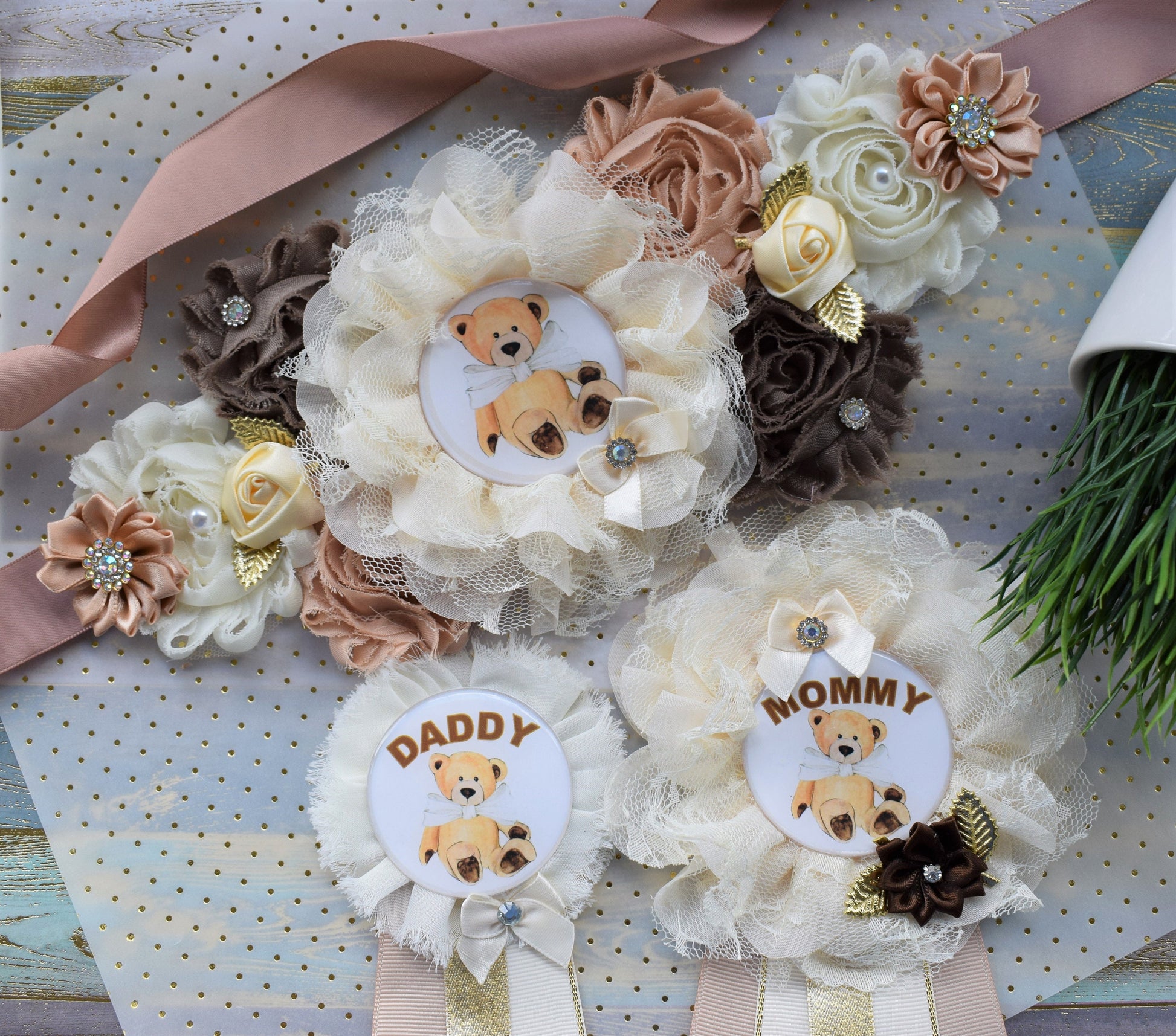 Ivory Brown Teddy Bear Baby Shower, Teddy Bear Flower Sash, Ivory Brown Beige Teddy Bear Corsage Pin, Bear Mommy To Be, Daddy To Be, Custom - Celebrations By Cris