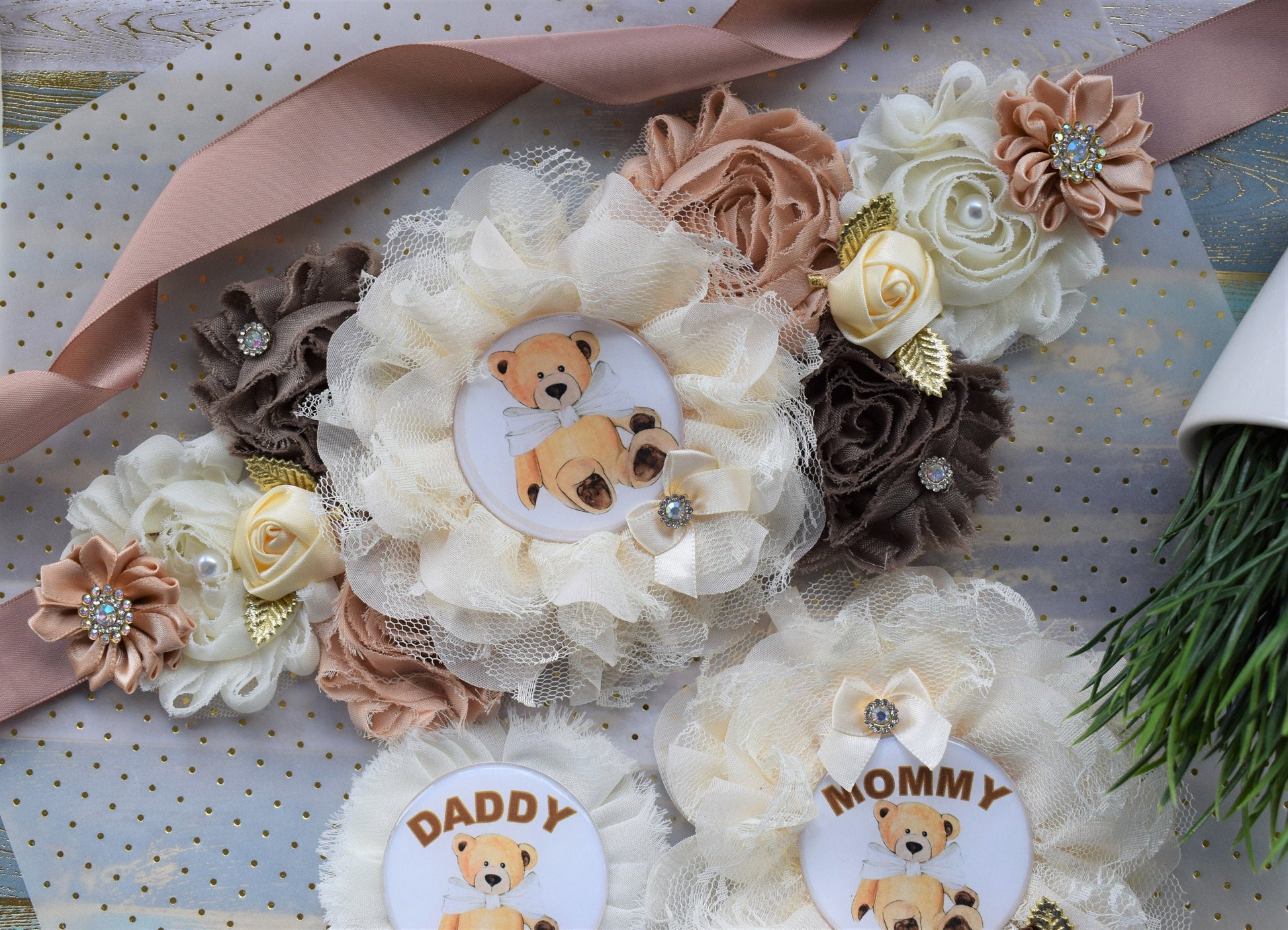 Ivory Brown Teddy Bear Baby Shower, Teddy Bear Flower Sash, Ivory Brown Beige Teddy Bear Corsage Pin, Bear Mommy To Be, Daddy To Be, Custom - Celebrations By Cris