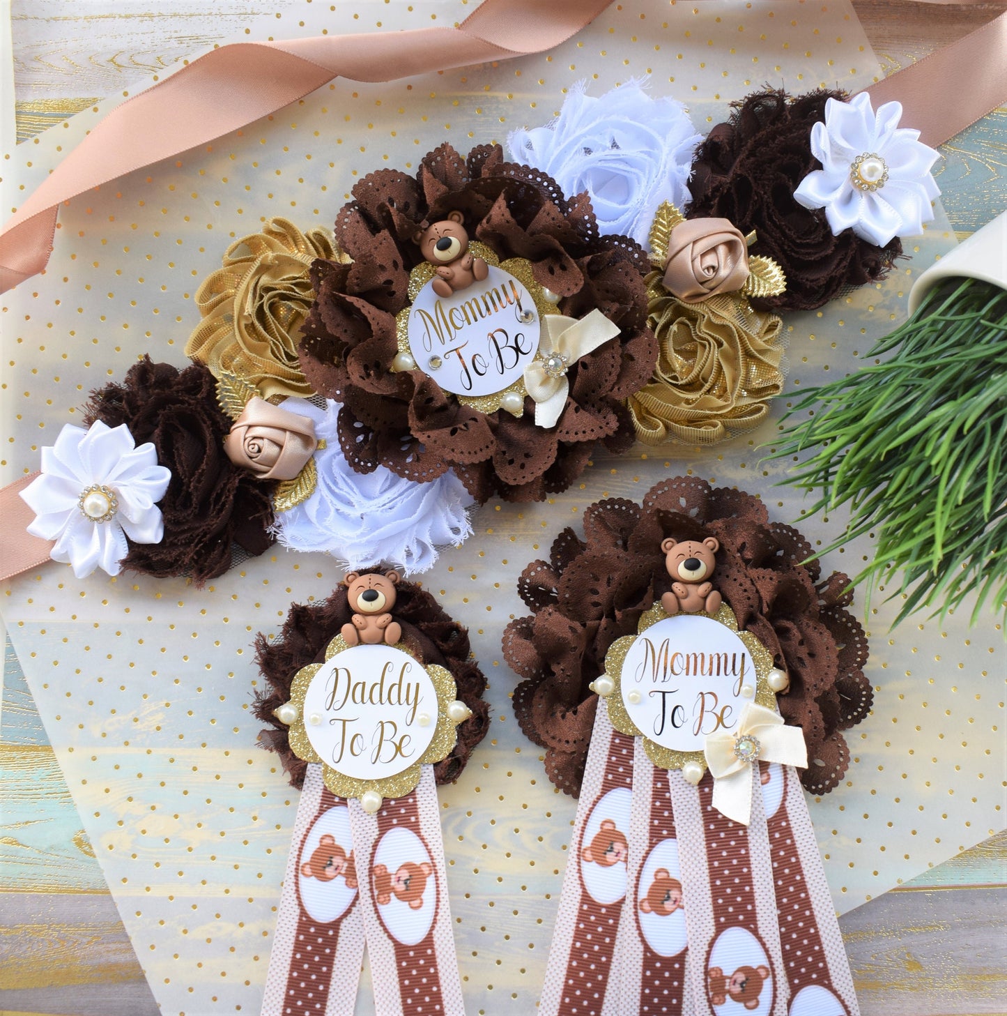 Brown Teddy Bear Baby Shower, Teddy Bear Flower Sash, Ivory Brown Beige White Teddy Bear Corsage Pin, Bear Mommy To Be, Daddy To Be, Custom