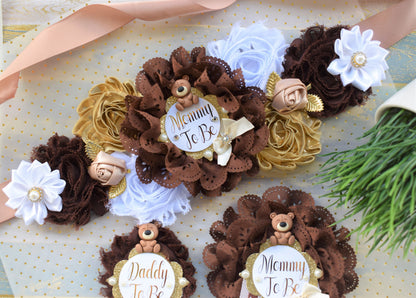 Brown Teddy Bear Baby Shower, Teddy Bear Flower Sash, Ivory Brown Beige White Teddy Bear Corsage Pin, Bear Mommy To Be, Daddy To Be, Custom