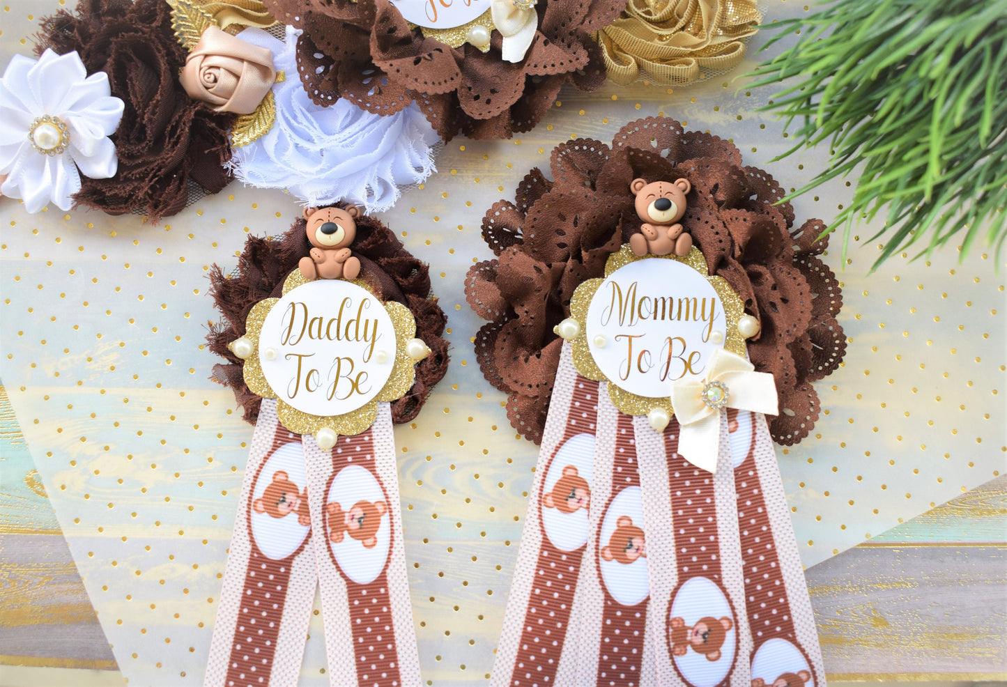 Brown Teddy Bear Baby Shower, Teddy Bear Flower Sash, Ivory Brown Beige White Teddy Bear Corsage Pin, Bear Mommy To Be, Daddy To Be, Custom