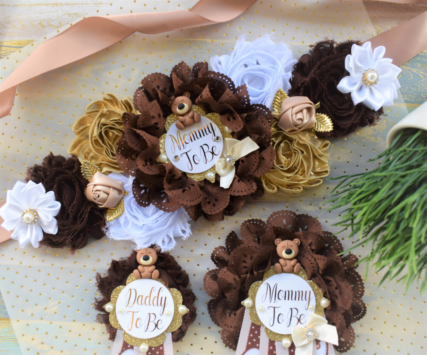 Brown Teddy Bear Baby Shower, Teddy Bear Flower Sash, Ivory Brown Beige White Teddy Bear Corsage Pin, Bear Mommy To Be, Daddy To Be, Custom