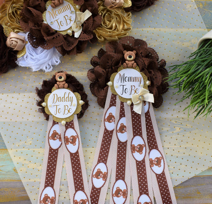 Brown Teddy Bear Baby Shower, Teddy Bear Flower Sash, Ivory Brown Beige White Teddy Bear Corsage Pin, Bear Mommy To Be, Daddy To Be, Custom