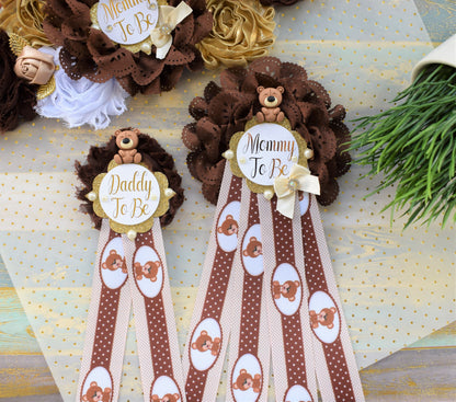 Brown Teddy Bear Baby Shower, Teddy Bear Flower Sash, Ivory Brown Beige White Teddy Bear Corsage Pin, Bear Mommy To Be, Daddy To Be, Custom