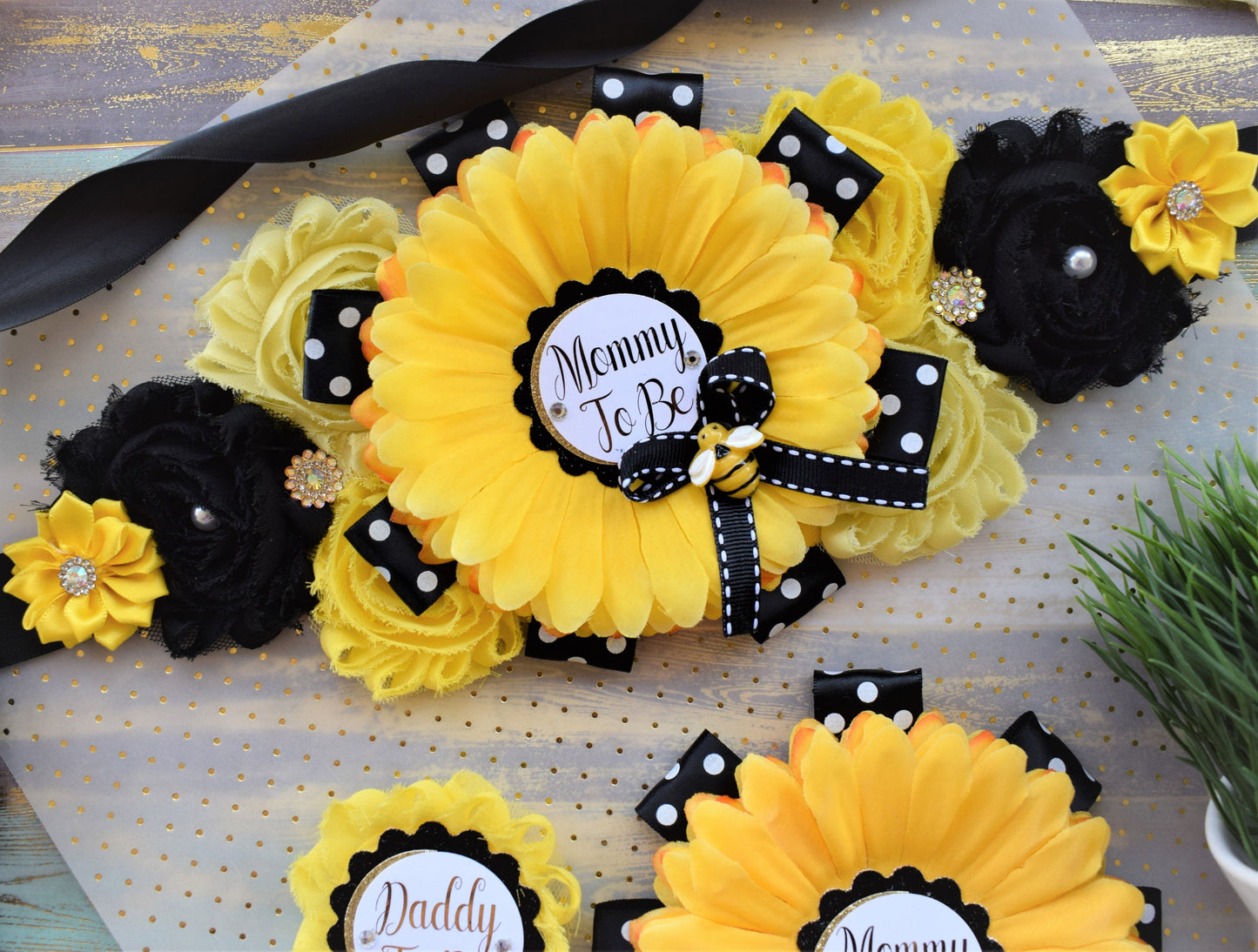 Sunflower Bumble Bee Baby Shower, Yellow Black Flower Sash and Pin, Mommy To Be, Daddy To Be, Sunflower Gender Reveal, Bumble Bee, Custom - Celebrations By Cris