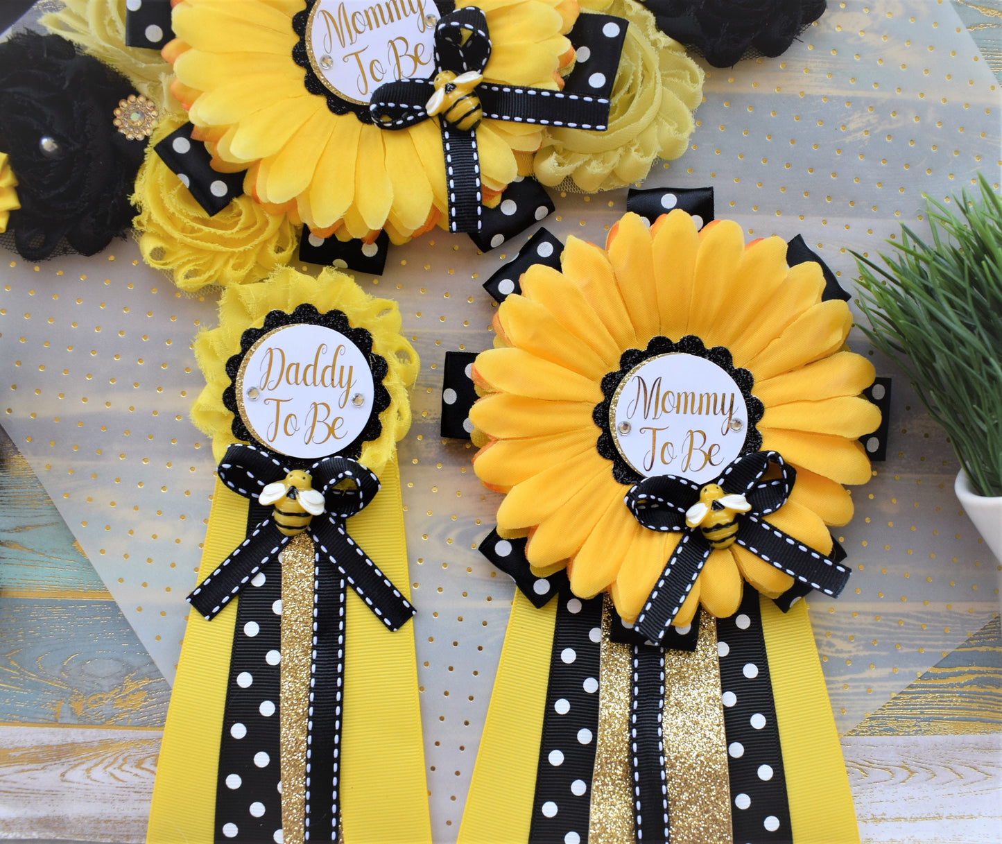 Sunflower Bumble Bee Baby Shower, Yellow Black Flower Sash and Pin, Mommy To Be, Daddy To Be, Sunflower Gender Reveal, Bumble Bee, Custom - Celebrations By Cris