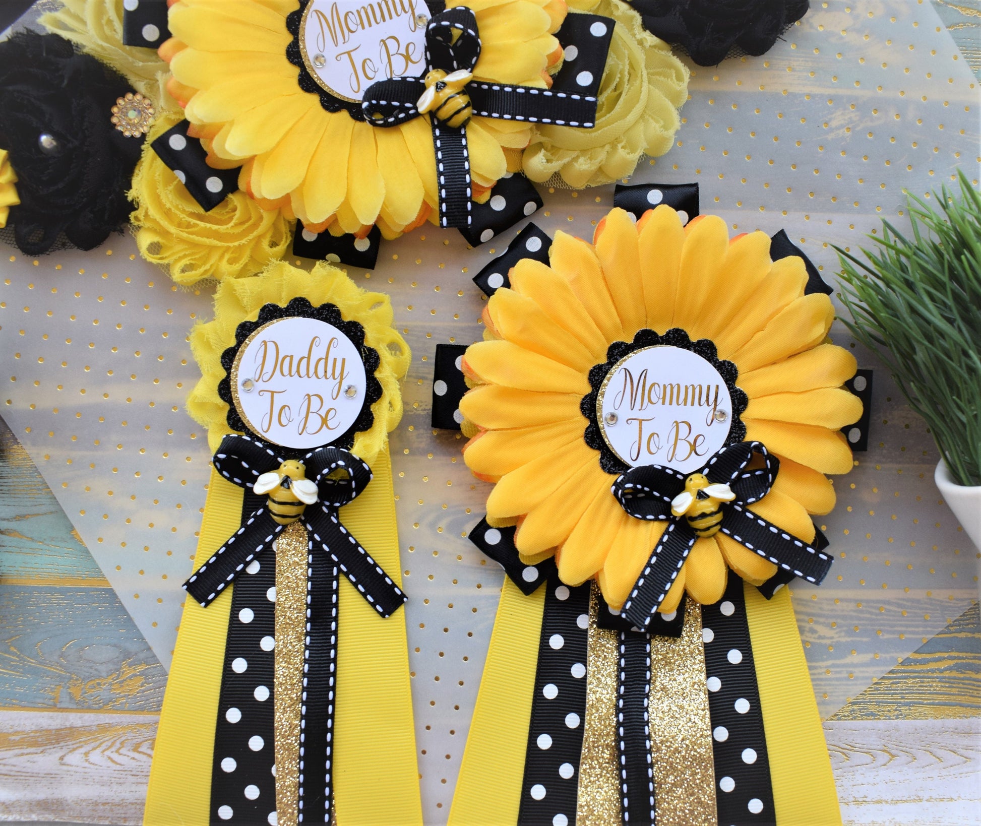 Sunflower Bumble Bee Baby Shower, Yellow Black Flower Sash and Pin, Mommy To Be, Daddy To Be, Sunflower Gender Reveal, Bumble Bee, Custom - Celebrations By Cris