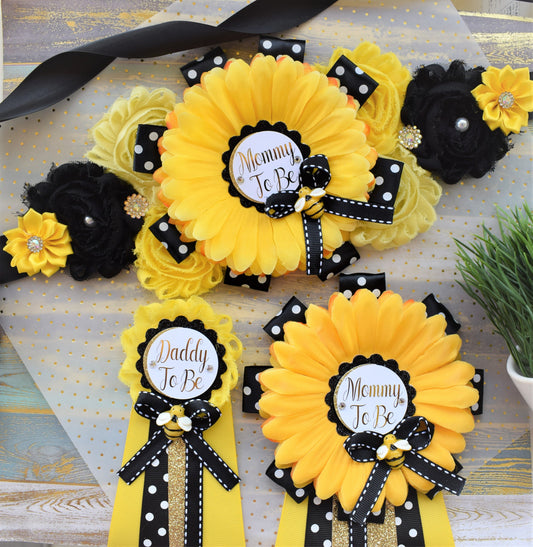 Sunflower Bumble Bee Baby Shower, Yellow Black Flower Sash and Pin, Mommy To Be, Daddy To Be, Sunflower Gender Reveal, Bumble Bee, Custom - Celebrations By Cris