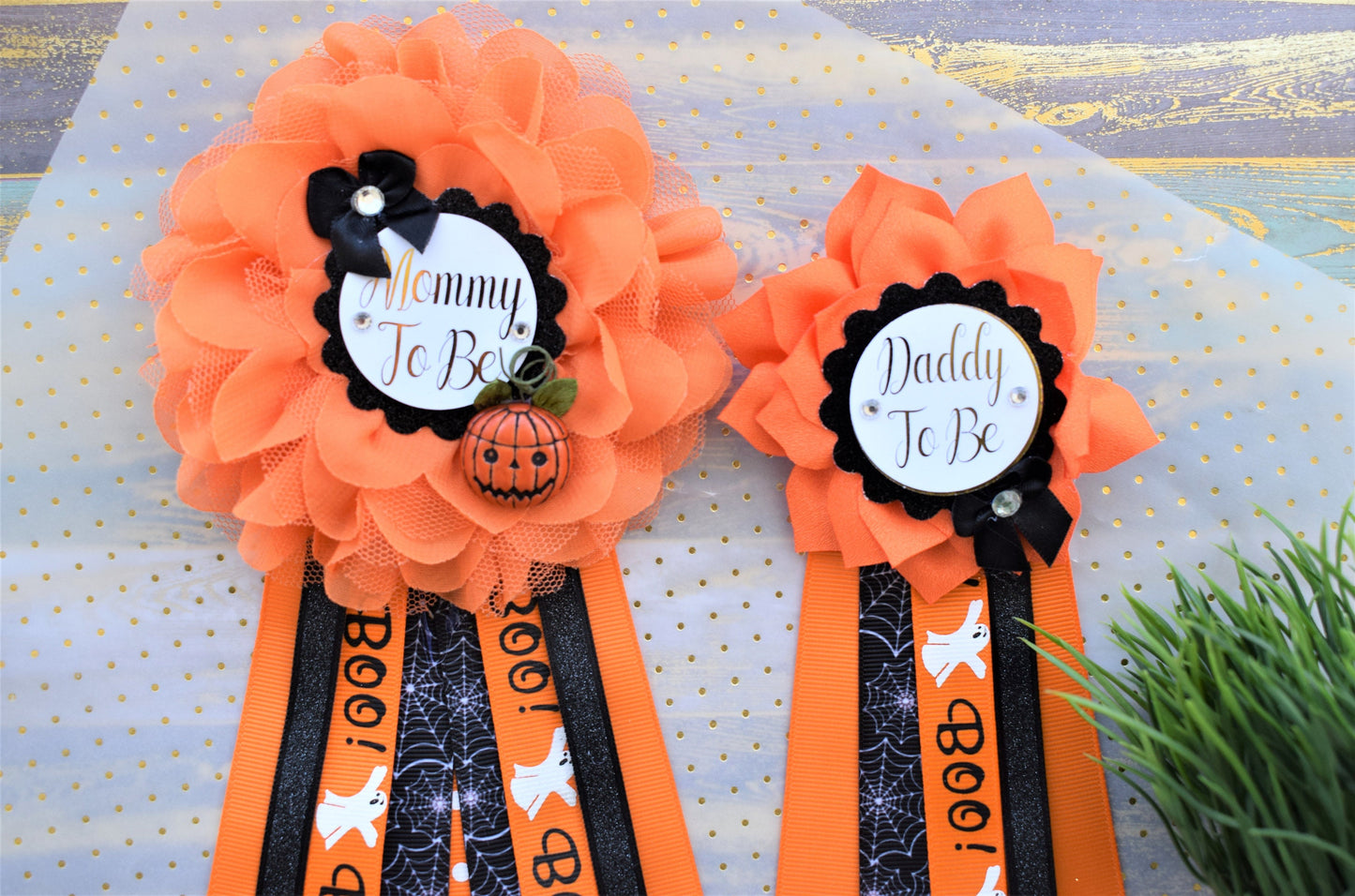 Peek a Boo Baby Shower, Halloween Baby Shower, Pumpkin Orange Black Mommy To Be Pin, Halloween Corsage Pins, Daddy To Be Pins, Halloween - Celebrations By Cris