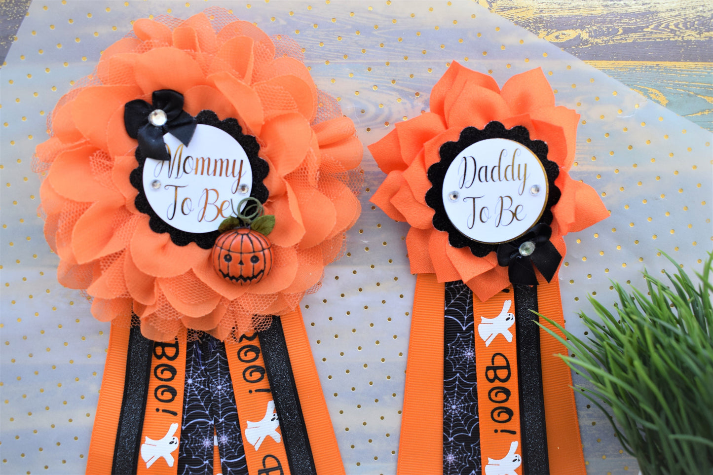 Peek a Boo Baby Shower, Halloween Baby Shower, Pumpkin Orange Black Mommy To Be Pin, Halloween Corsage Pins, Daddy To Be Pins, Halloween - Celebrations By Cris