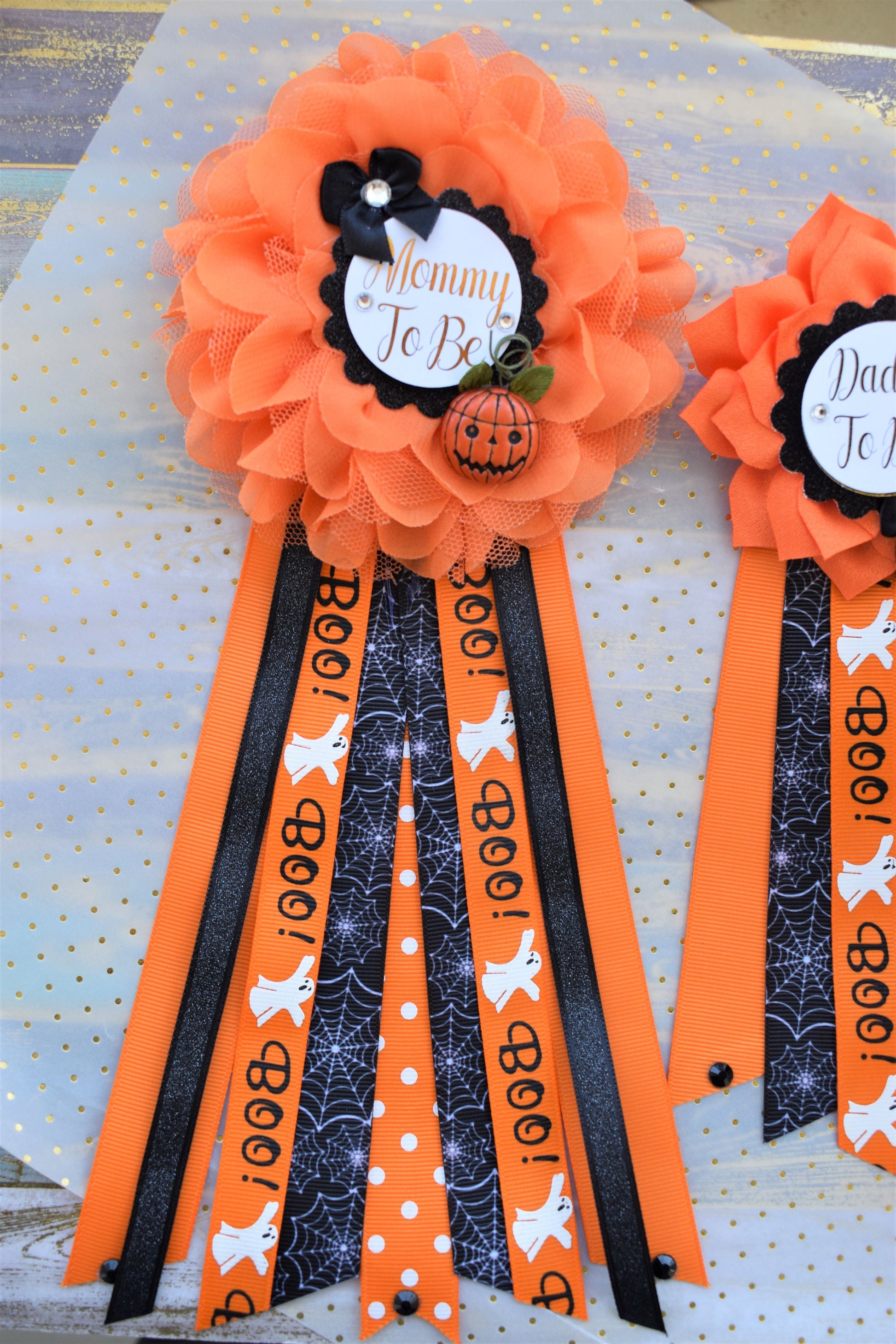 Peek a Boo Baby Shower, Halloween Baby Shower, Pumpkin Orange Black Mommy To Be Pin, Halloween Corsage Pins, Daddy To Be Pins, Halloween - Celebrations By Cris