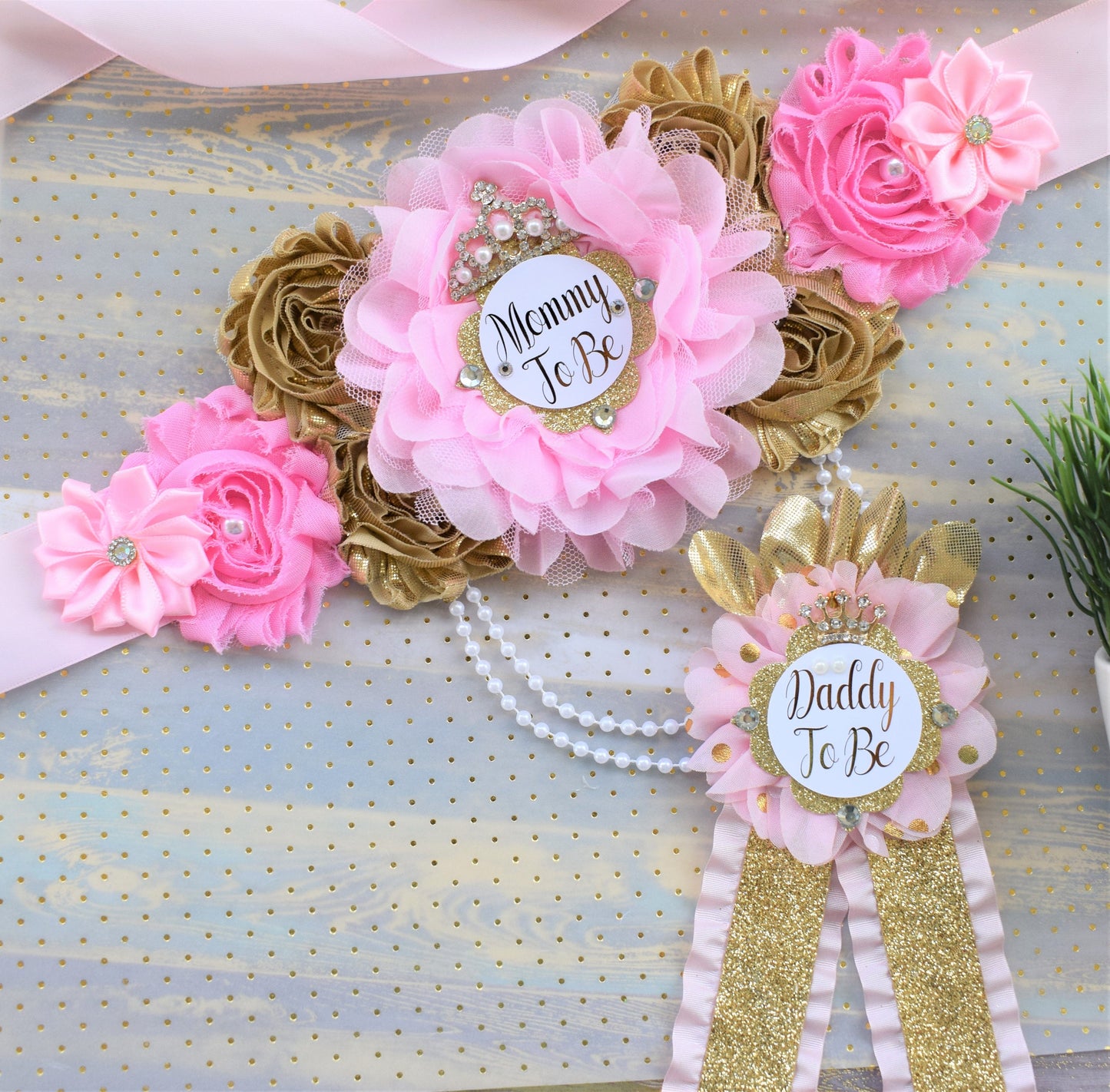 Pink Gold Princess Flower Sash, Pink Gold Maternity Sash, Pink Gold Pregnant Sash, Mommy and Daddy To Be, Pink Princess Baby Shower, Custom - Celebrations By Cris