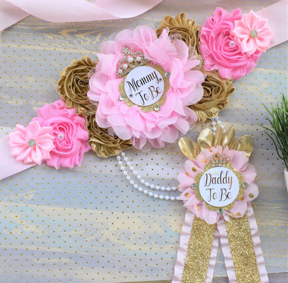 Pink Gold Princess Flower Sash, Pink Gold Maternity Sash, Pink Gold Pregnant Sash, Mommy and Daddy To Be, Pink Princess Baby Shower, Custom - Celebrations By Cris