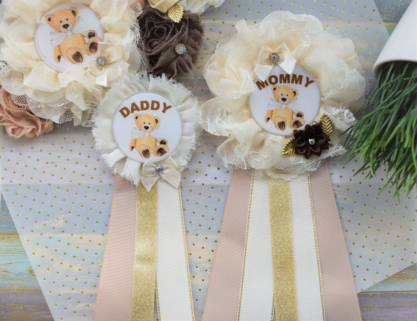 Ivory Brown Teddy Bear Baby Shower, Teddy Bear Flower Sash, Ivory Brown Beige Teddy Bear Corsage Pin, Bear Mommy To Be, Daddy To Be, Custom - Celebrations By Cris