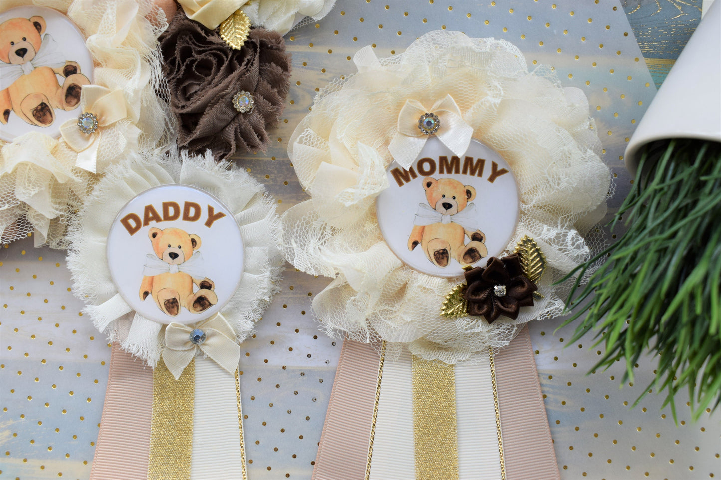 Ivory Brown Teddy Bear Baby Shower, Teddy Bear Flower Sash, Ivory Brown Beige Teddy Bear Corsage Pin, Bear Mommy To Be, Daddy To Be, Custom - Celebrations By Cris