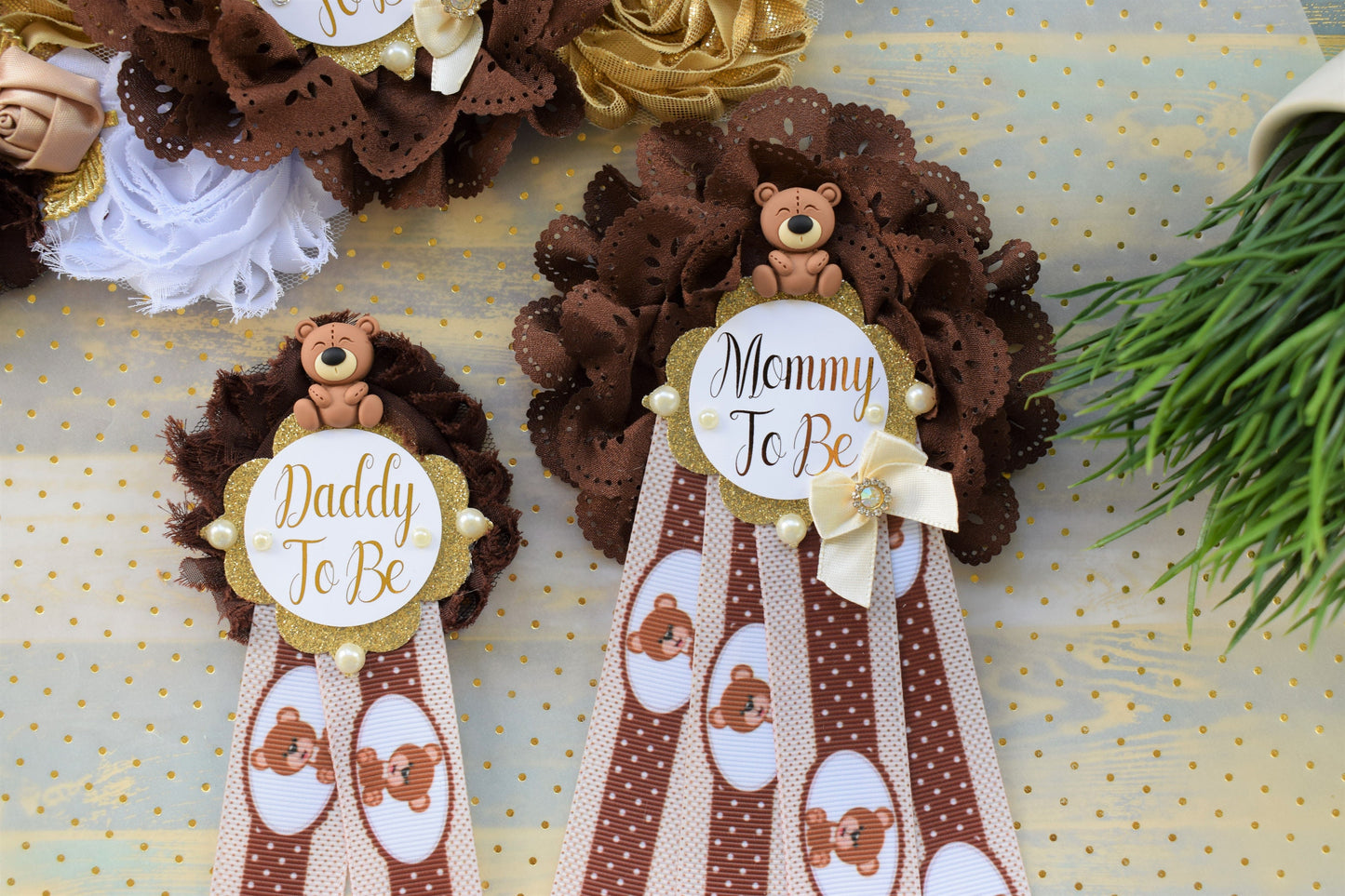 Brown Teddy Bear Baby Shower, Teddy Bear Flower Sash, Ivory Brown Beige White Teddy Bear Corsage Pin, Bear Mommy To Be, Daddy To Be, Custom