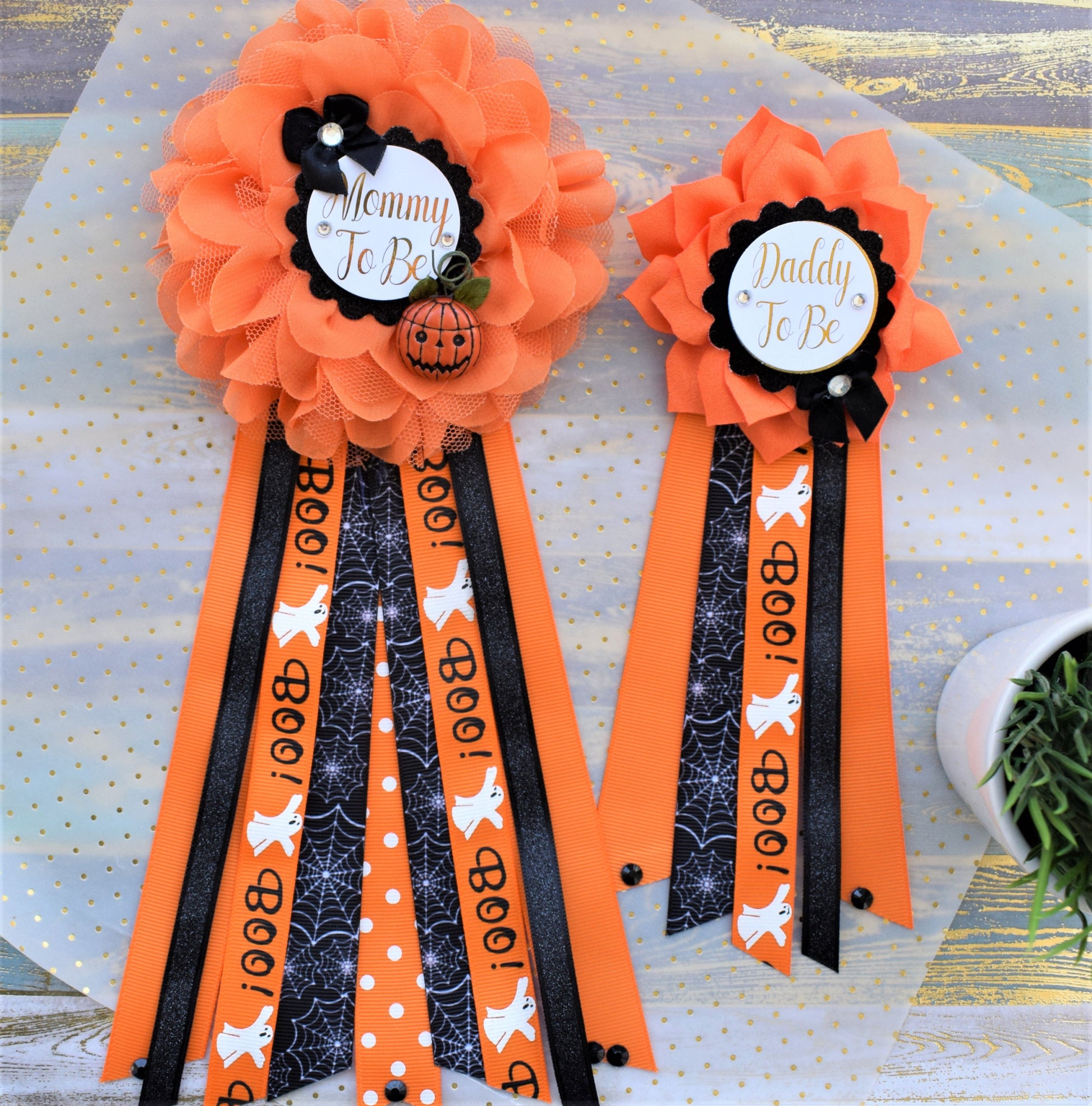 Peek a Boo Baby Shower, Halloween Baby Shower, Pumpkin Orange Black Mommy To Be Pin, Halloween Corsage Pins, Daddy To Be Pins, Halloween - Celebrations By Cris