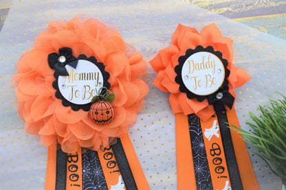 Peek a Boo Baby Shower, Halloween Baby Shower, Pumpkin Orange Black Mommy To Be Pin, Halloween Corsage Pins, Daddy To Be Pins, Halloween - Celebrations By Cris