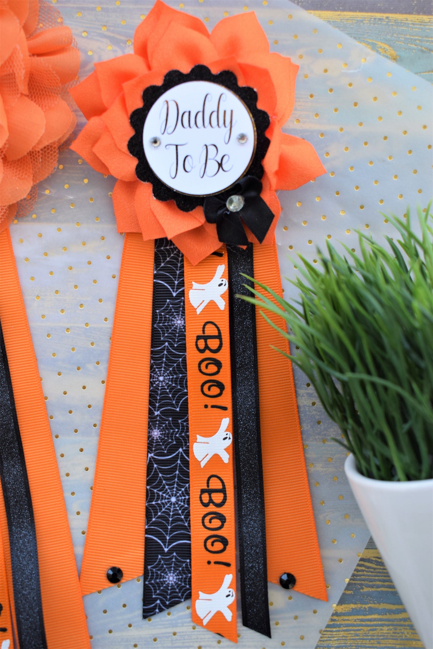 Peek a Boo Baby Shower, Halloween Baby Shower, Pumpkin Orange Black Mommy To Be Pin, Halloween Corsage Pins, Daddy To Be Pins, Halloween - Celebrations By Cris