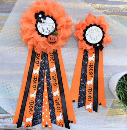 Peek a Boo Baby Shower, Halloween Baby Shower, Pumpkin Orange Black Mommy To Be Pin, Halloween Corsage Pins, Daddy To Be Pins, Halloween - Celebrations By Cris