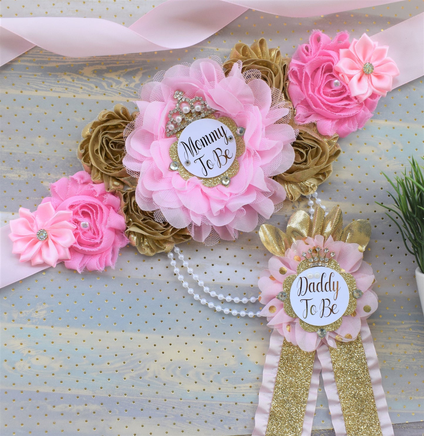 Pink Gold Princess Flower Sash, Pink Gold Maternity Sash, Pink Gold Pregnant Sash, Mommy and Daddy To Be, Pink Princess Baby Shower, Custom - Celebrations By Cris