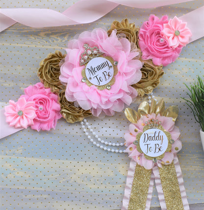 Pink Gold Princess Flower Sash, Pink Gold Maternity Sash, Pink Gold Pregnant Sash, Mommy and Daddy To Be, Pink Princess Baby Shower, Custom - Celebrations By Cris