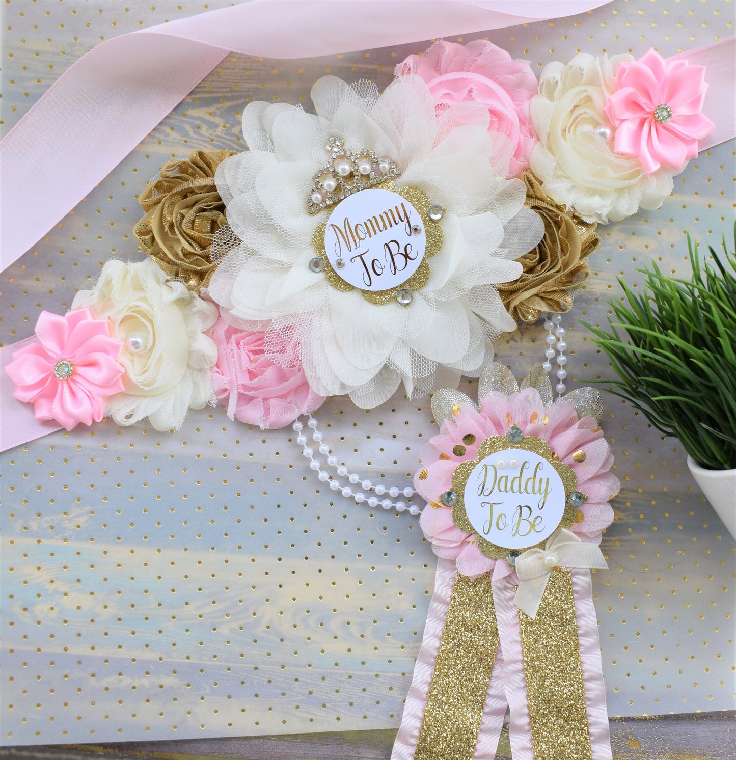 Princess Pink Gold Crown Princess Flower Sash, Pink Gold Maternity Sash, Pink Ivory Pregnant, Mommy and Daddy To Be, Princess Baby Shower - Celebrations By Cris