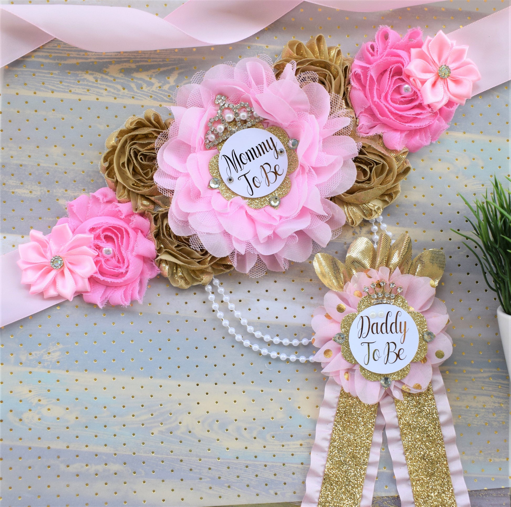 Pink Gold Princess Flower Sash, Pink Gold Maternity Sash, Pink Gold Pregnant Sash, Mommy and Daddy To Be, Pink Princess Baby Shower, Custom - Celebrations By Cris