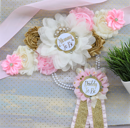 Princess Pink Gold Crown Princess Flower Sash, Pink Gold Maternity Sash, Pink Ivory Pregnant, Mommy and Daddy To Be, Princess Baby Shower - Celebrations By Cris