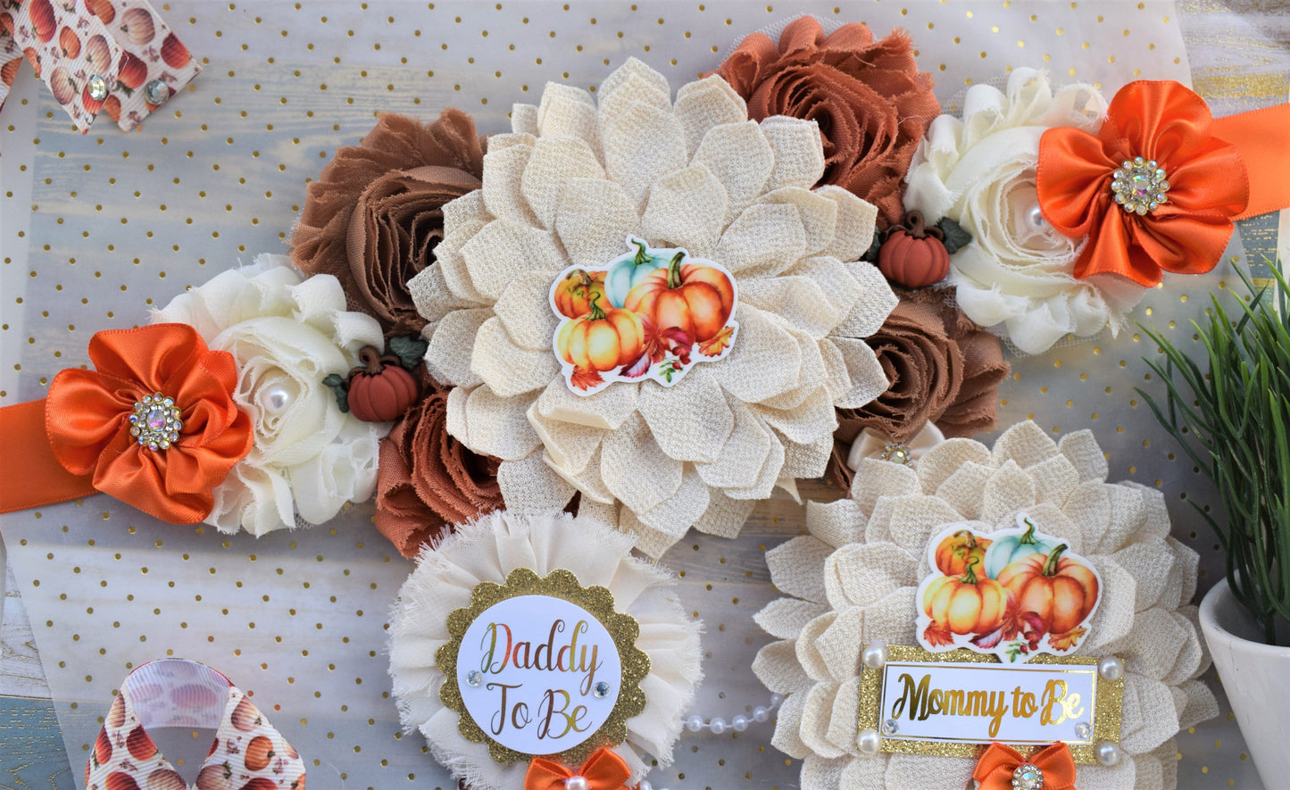 Neutral Pumpkin Baby Shower, Ivory Orange Beige Maternity Sash, Gold Cream Flower Belly Sash, Beige Pumpkin Fall Flower Belly Sash, Custom - Celebrations By Cris