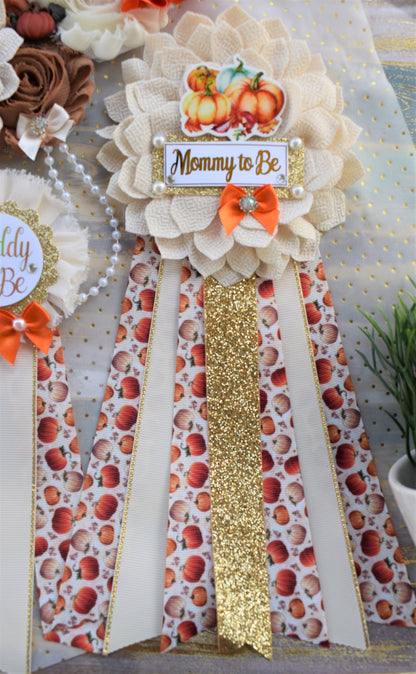 Neutral Pumpkin Baby Shower, Ivory Orange Beige Maternity Sash, Gold Cream Flower Belly Sash, Beige Pumpkin Fall Flower Belly Sash, Custom - Celebrations By Cris