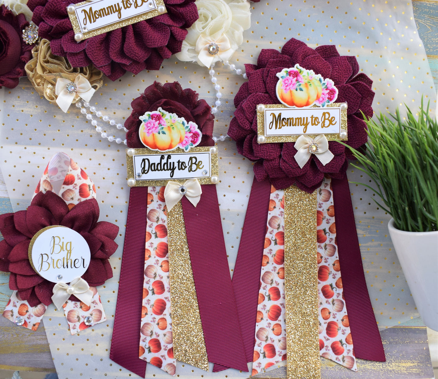 Burgundy Pumpkin Baby Shower, Ivory Burgundy Cream Maternity Sash, Gold Cream Flower Belly Sash, Pumpkin Fall Flower Belly Sash, Custom - Celebrations By Cris